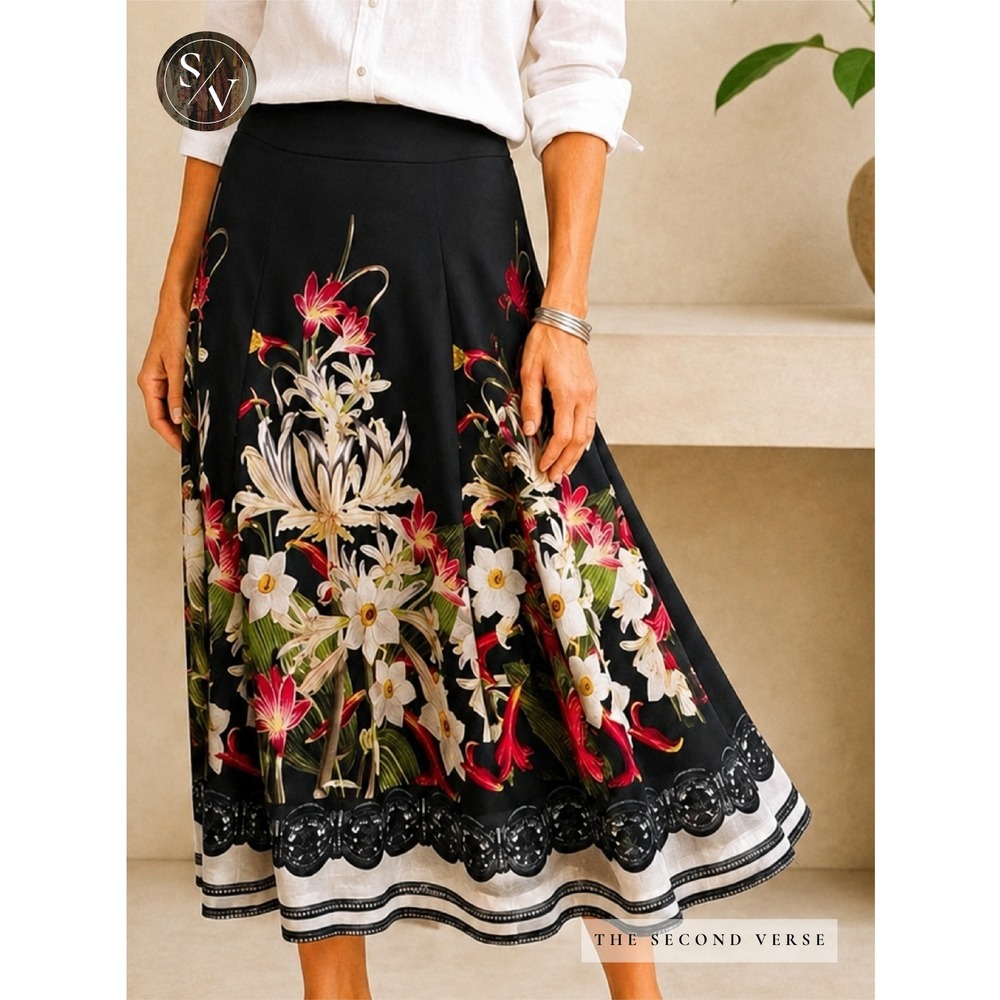 Soft Surroundings Maxi Skirt Large Black Boho Floral Border Print A-Line 48715